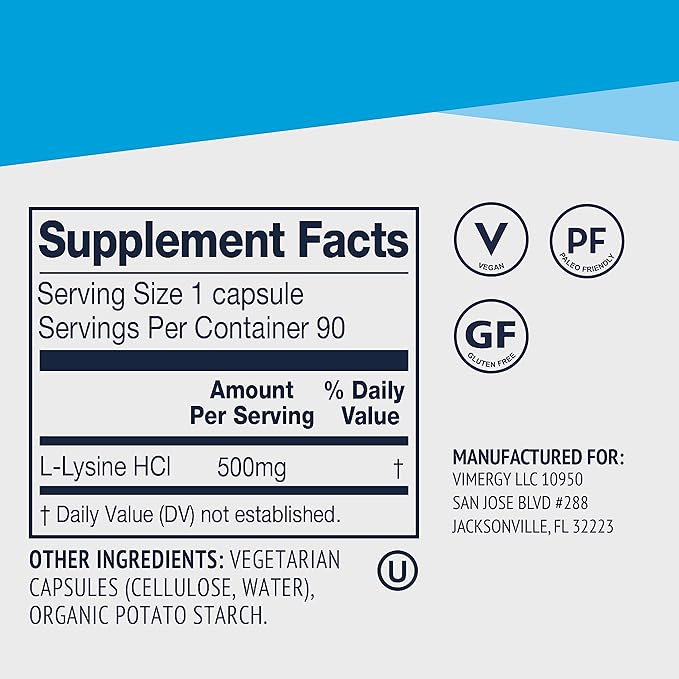Vimergy L-Lysine – Promotes Healthy Skin, Hair, Nails & Joints* – Supports Healthy Metabolism* – Vegan, Non-GMO & Gluten-Free – 90 Capsules