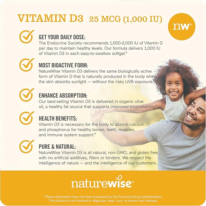 NatureWise Vitamin D3 1000iu (25 mcg) 200-Day Supply for Immune Support, Healthy Muscle Function, and Bone Health - Non-GMO, Gluten Free in Organic Extra Virgin Olive Oil, (Mini Softgel), 200 Count