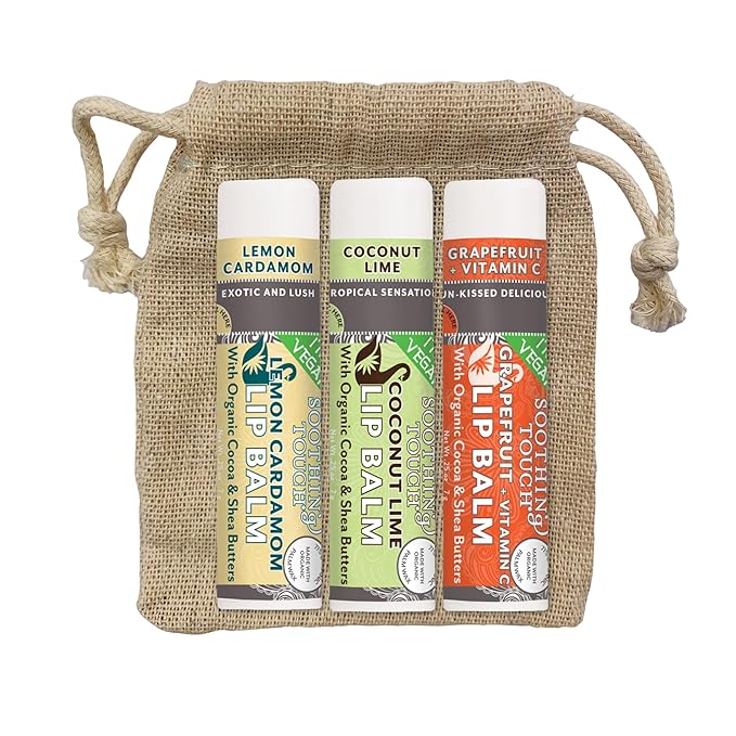 Vegan Lip Balm Set - Variety Pack of 3 Soothing Touch Lip Balms. Large 0.25 oz size. Includes Bonus Muslin Pouch (3 x 4 in) Unique Gift Bundle from Tiny Seed (Lemon Cardamom, Coconut Lime, Grapefruit)