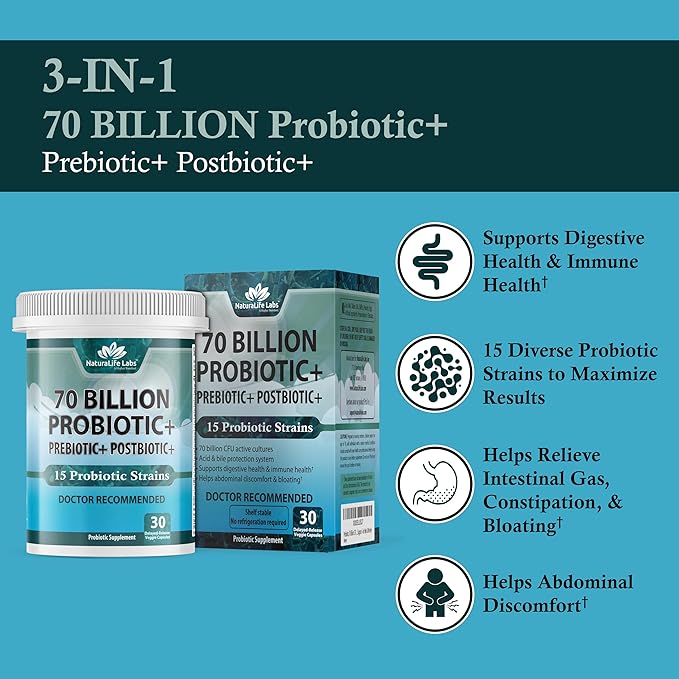 Probiotics 70 Billion CFU – 15 Probiotic strains + Organic Prebiotic+ Postbiotic 3-in-1 Complete – Promotes Healthy Digestive & Immune Function –Gas, Bloating, Constipation Support – for Men & Women