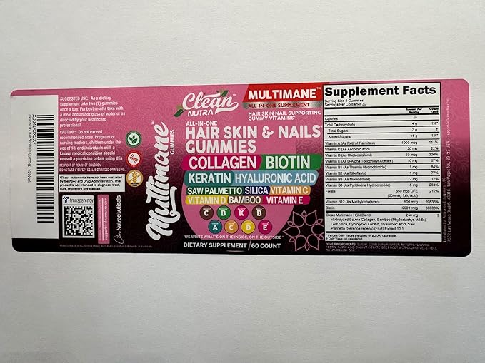 Clean Nutraceuticals Biotin Collagen Keratin Gummies | Hair Skin and Nails Vitamins for Women | Hyaluronic Acid Bamboo Vitamin A C D3 E Folate With Saw Palmetto Silica B3 B12 Vegan Gummy