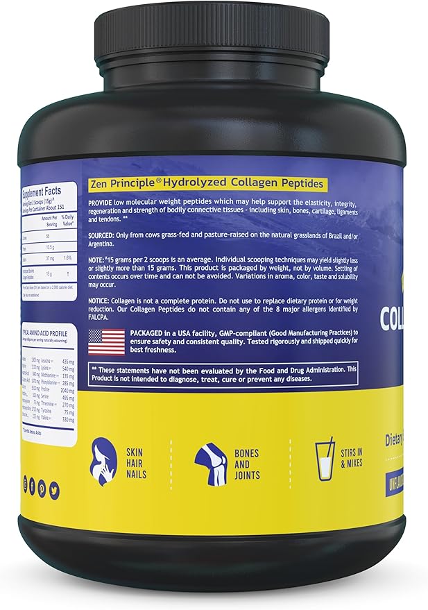 Zen Principle Grass-Fed Collagen Peptides 5 lb. Custom Anti-Aging Hydrolyzed Protein Powder for Healthy Hair, Skin, Joints & Nails. Paleo and Keto Friendly, GMO and Gluten Free, Pasture-Raised Bovine.