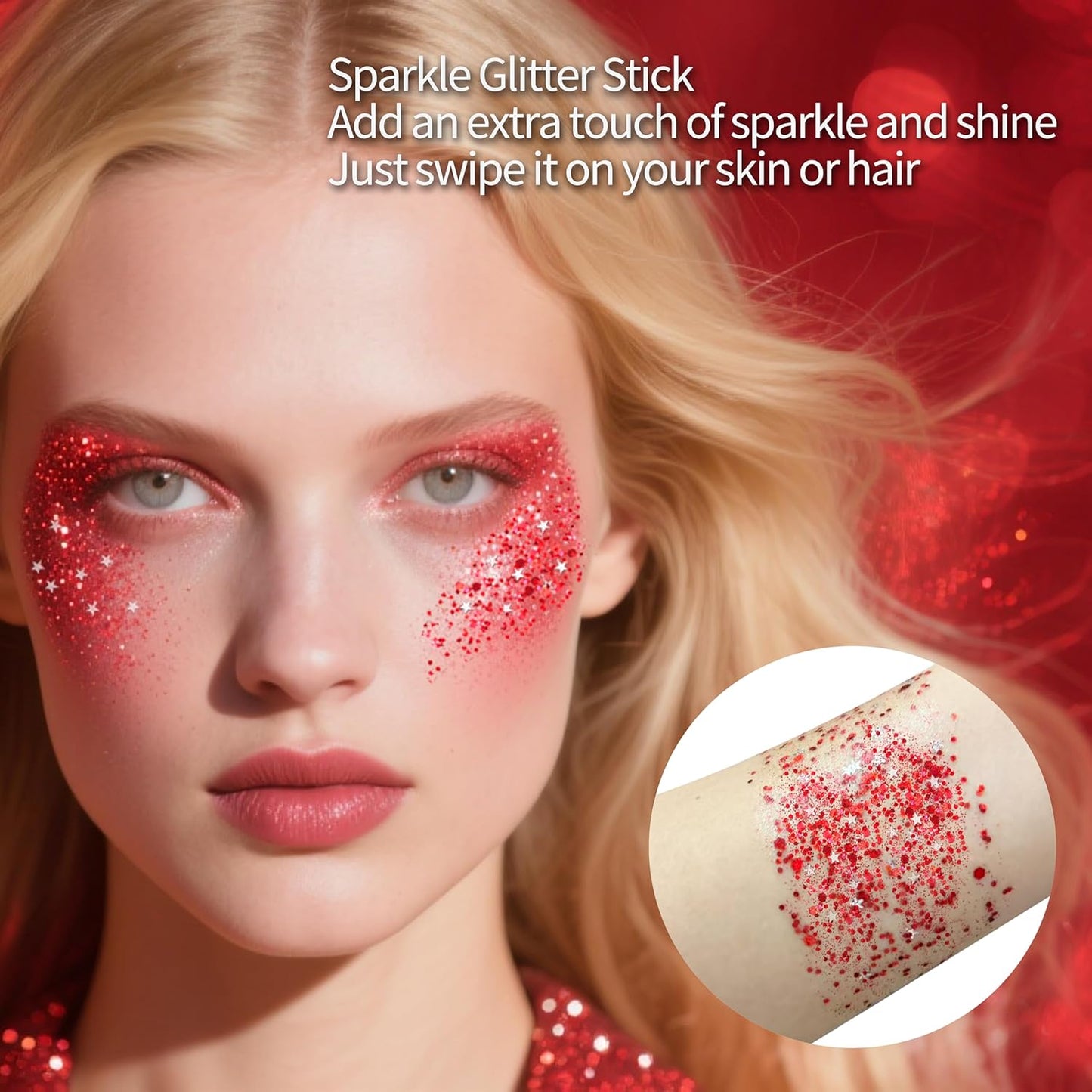 MEICOLY Red Face Body Glitter Stick,Hair Glitter Stick for Kids and Women,Sparkle Chunky Glitter Makeup for Halloween Mardi Gras,Waterproof Face Glitter for Party Rave Festival
