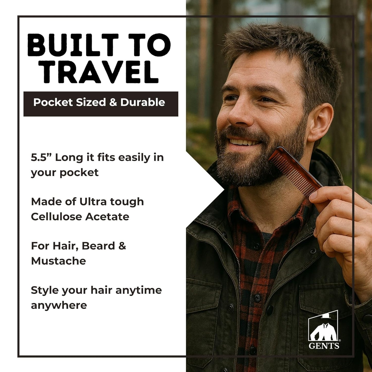 GENTS PCT 5-Inch Fine Tooth Pocket Hair Comb โ 3-Pack Tortoise Shell Combs for Men & Women โ Handmade from Cellulose Acetate โ Anti-Static, Durable & Travel-Friendly for Grooming & Styling