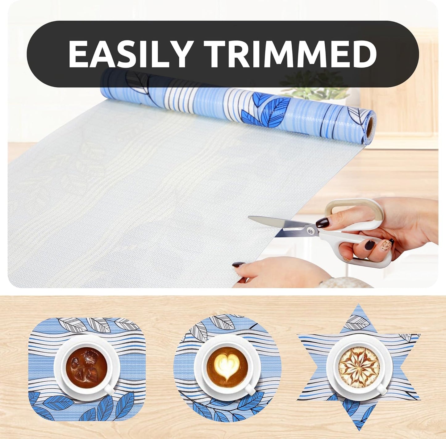 RAY STAR 18X96 Inch Shelf Liner for Kitchen Cabinets, Non-Adhesive Cabinet Liner Washable, PVC Drawer Liner for Dresser Non-Slip Bathroom (Blue Leaf)(1 Roll)