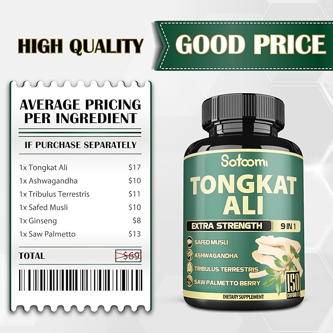9in1 Tongkat Ali Root Extract 200:1 - Ashwagandha, Tribulus Terrestris - 150 Capsules for 5 Months - Support Strength, Energy & Healthy Immune