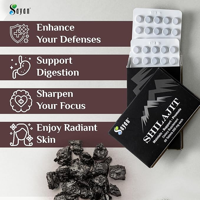 Sayan Shilajit Pure Organic Black Resin Mineral Tablets - Premium Quality Supplement Drops for Men and Women (60 Tablets, 1-2 Month Supply) for Immune Support, Natural Detox, and Energy Boost