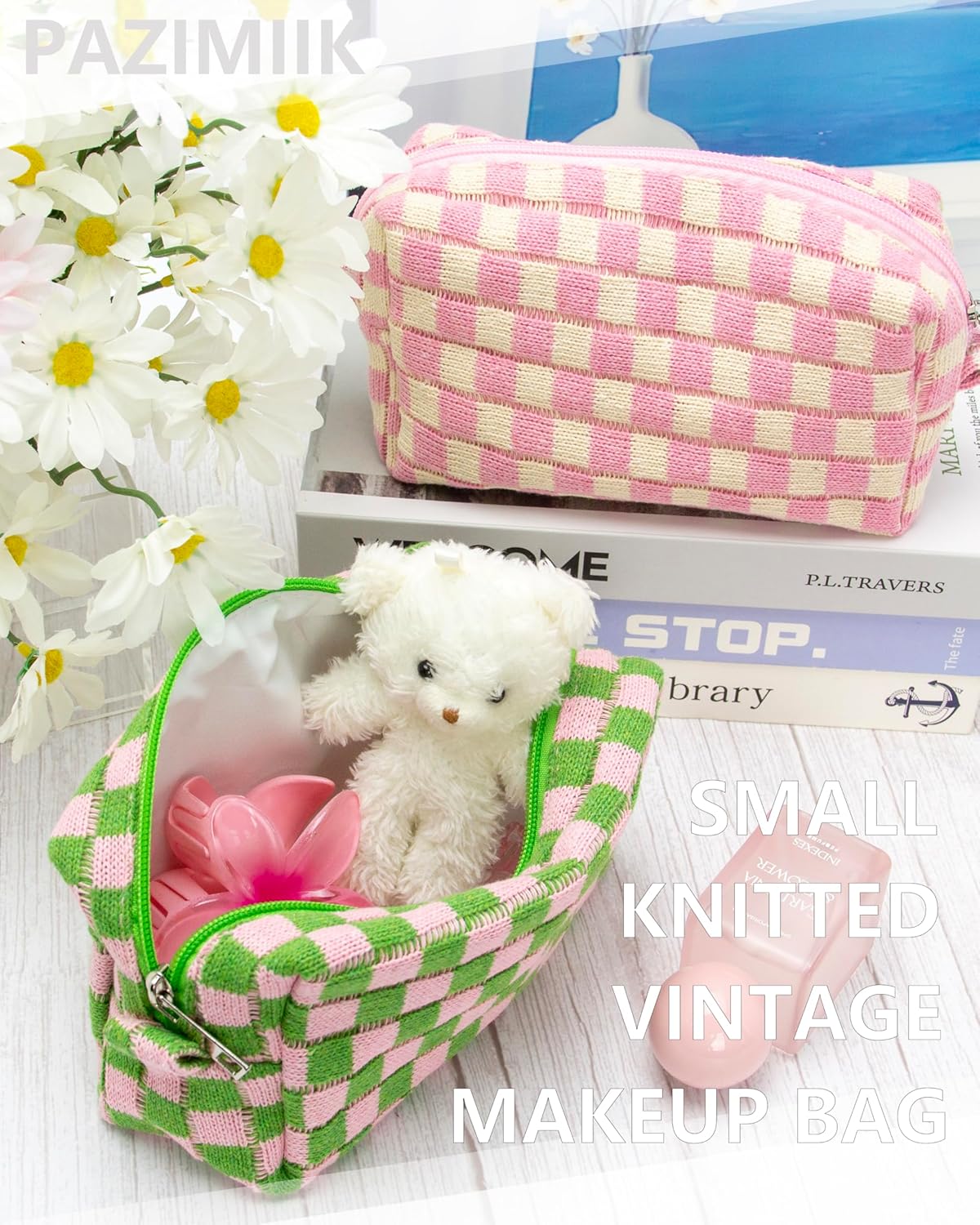 PAZIMIIK 6PCS Checkered Makeup Bag for Purse Portable Zipper Make Up Pouch Small Cosmetic Case for Travel Accessories Pink Green