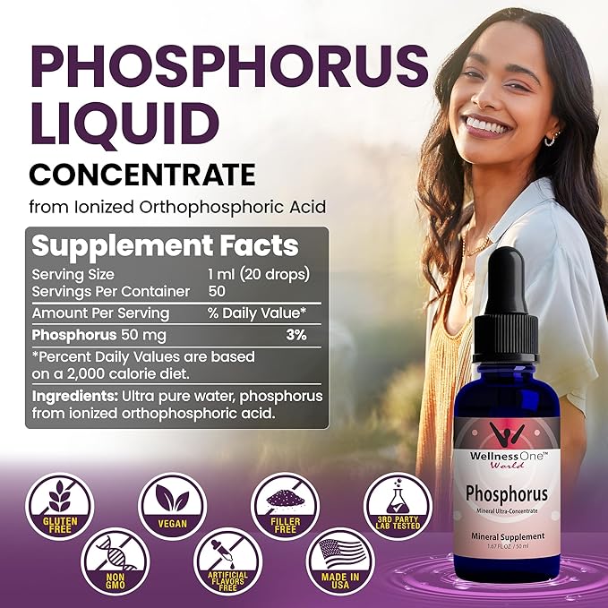 WellnessOne Liquid Phosphorus Supplements - Ionic Phosphorus Supplement from Ortho Phosphoric Acid for Healthy Bones & Teeth, Protein & Energy Production - Non-GMO, Vegan, Gluten Free - 1.67 fl oz