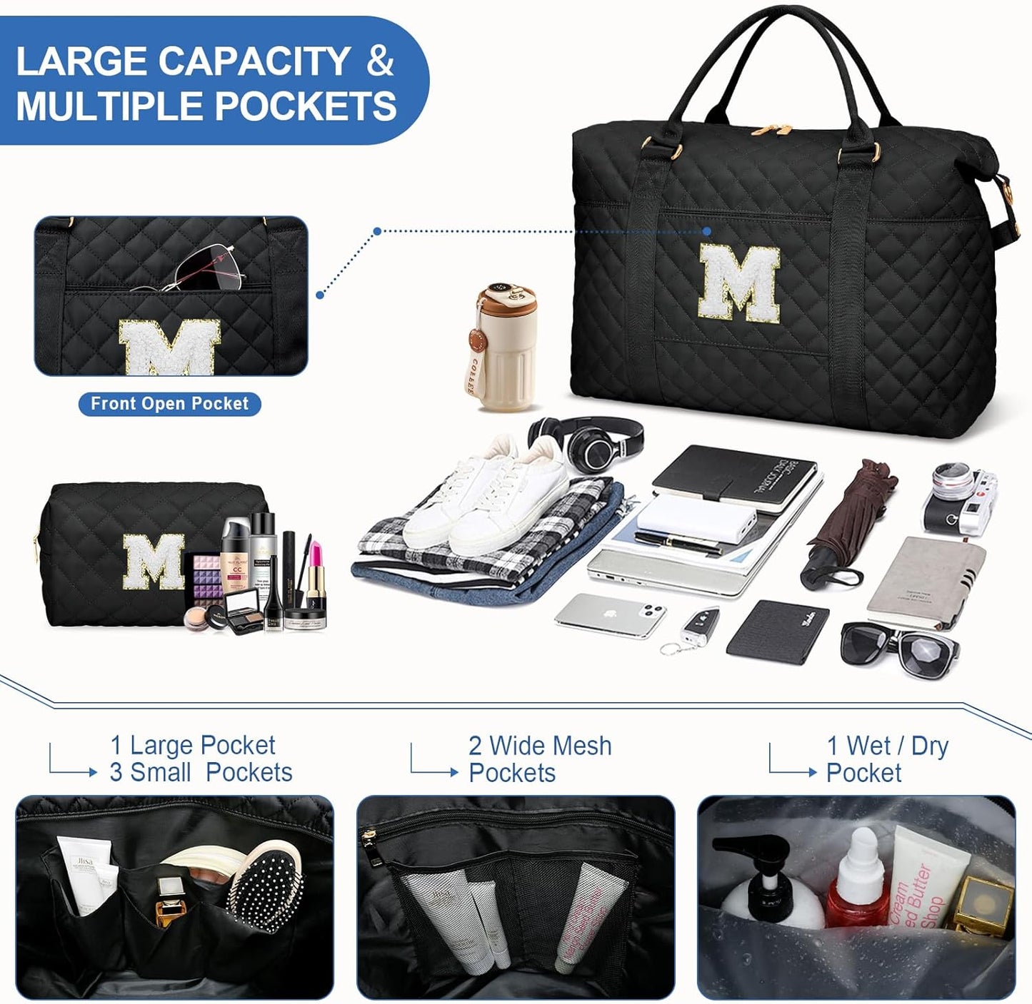 Gifts for Teen Girl, Initial Travel Duffle Bag, Personalized Women Weekender Overnight Bags, Gift for Daughter Kid Girl Wife Friend(Black,M)