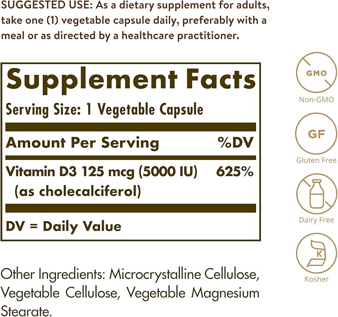 Solgar Vitamin D3 Cholecalciferol 125 mcg 5000 IU Vegetable Capsules Helps Maintain Healthy Bones Teeth Immune System Support Non GMO Gluten Free Dairy Free Kosher Servings - 360 Count