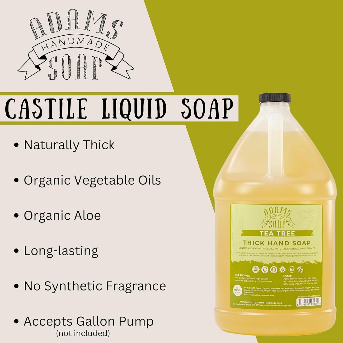 Adams Handmade Soap Thick Organic Castile Liquid Hand Soap 1 Gallon Refill - Tea Tree