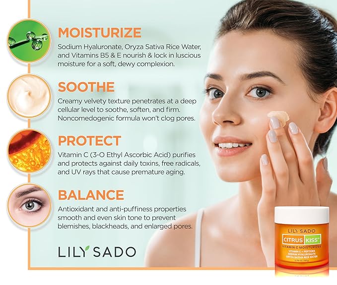 LILY SADO CITRUS KISSโข Vitamin C Moisturizer - Anti-Wrinkle Natural Vegan Daily Face Moisturizing Lotion - Hydrates, Softens, Firms & Tones for Healthy, Glowing & Radiant Skin. For Women & Men