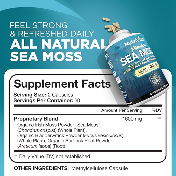Nutrivein Organic Sea Moss 1600mg Plus Bladderwrack & Burdock - 120 Capsules - Prebiotic Super Food Boosts The Immune System & Digestive Health - Thyroid, Healthy Skin, Keto Detox, Gut, Joint Support