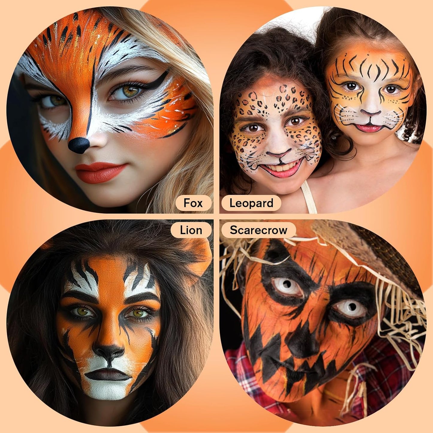 White Foundation + Black Orange Face Body Paint with Brushes for Halloween Pumpkin Clown Makeup, Non Toxic Face Painting Kit Facepaints Set for Kids Adults Party Scarecrow Tiger SFX Cosplay Make Up