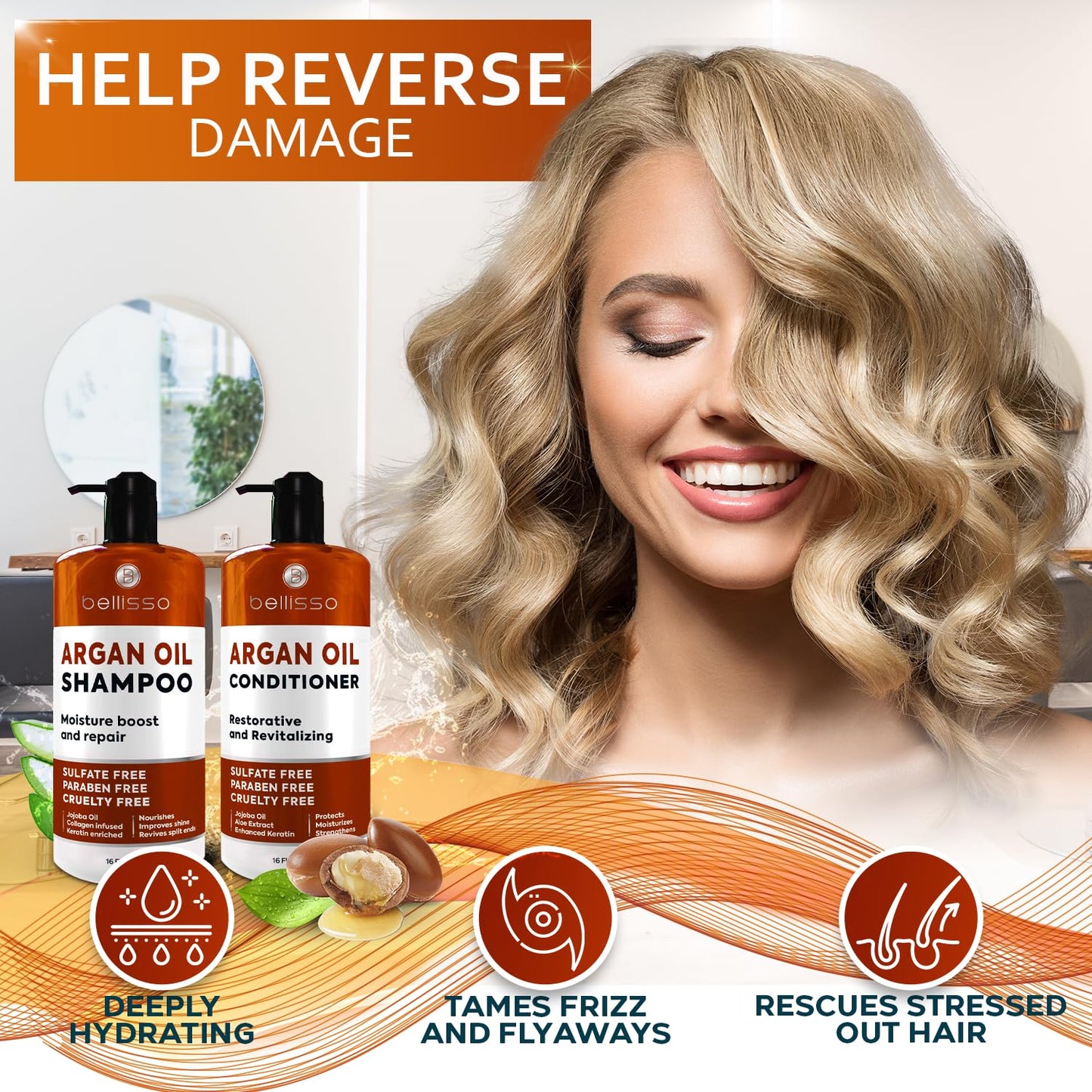 Moroccan Argan Oil Shampoo and Conditioner Set - Sulfate Free with No Parabens - Botanicals for Women and Men - Professional Moisturizing, Anti Frizz, Hydrating Solution for Dry, Wavy and Curly Hair