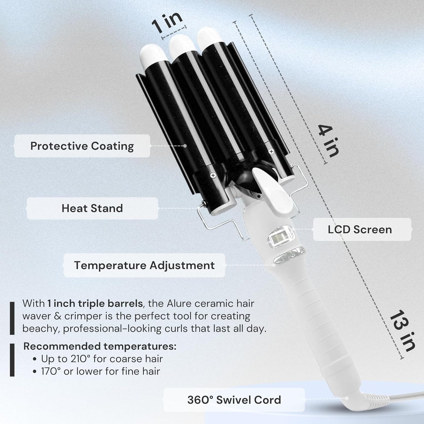 Alure Three Barrel Curling Iron Wand Hair Waver with LCD Temperature Display - 1 Inch Ceramic Tourmaline Triple Barrels, Dual Voltage Crimp (Black/White)