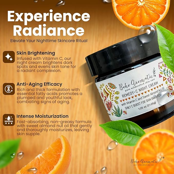 Vitamin C Night Cream for Face, Brightening Vitamin C Moisturizer Face Cream โ Hydrating Rich Night Cream in Eco-Friendly Glass Jar, cruelty free by Boho Aromatic Remedy-C