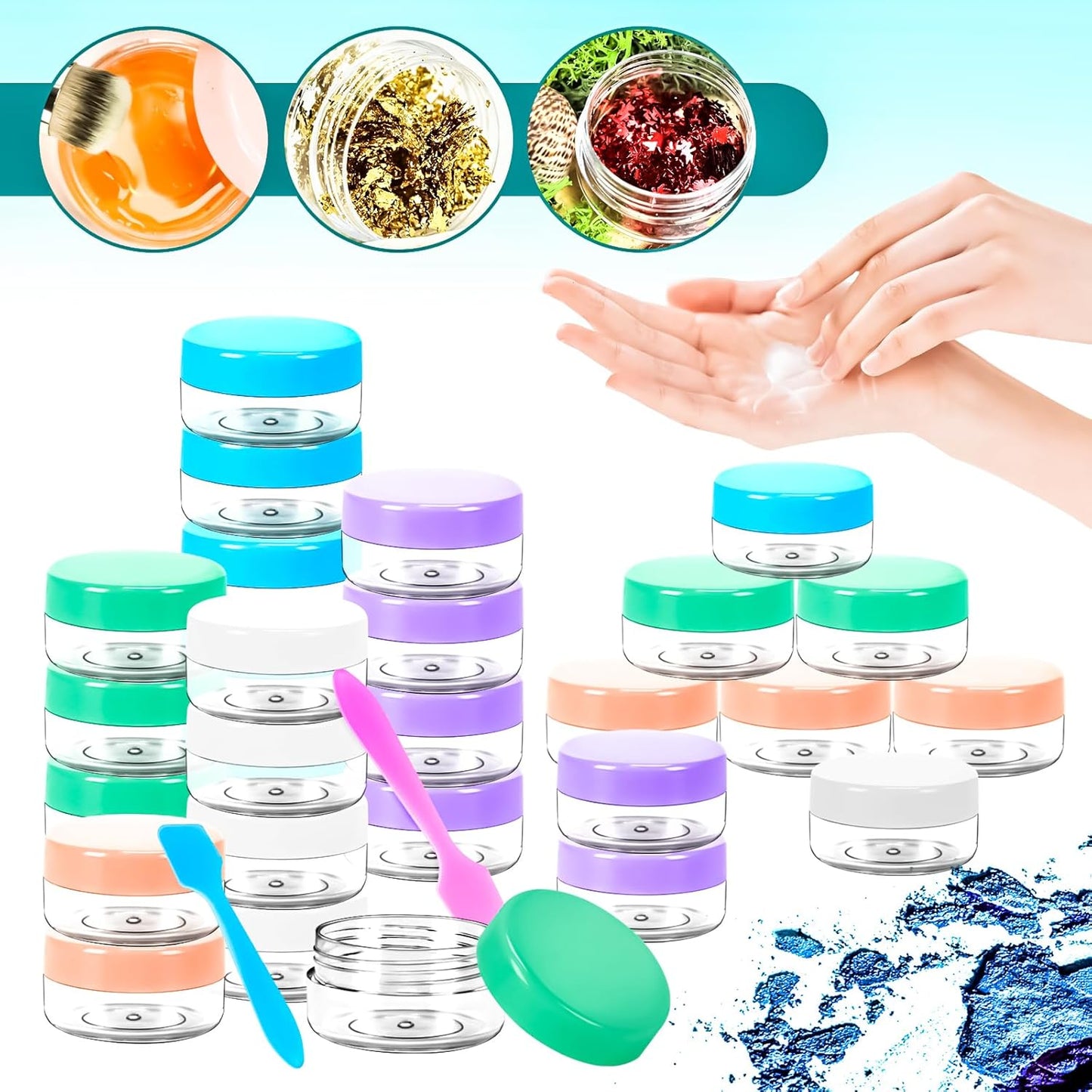MotBach 50PCS 10g Empty Sample Containers with Colored Lids,Refillable Makeup Sample Containers, Small Sample Pot Jars Travel Makeup Containers with Mini Spatulas for Liquid Powder Creams Lotions