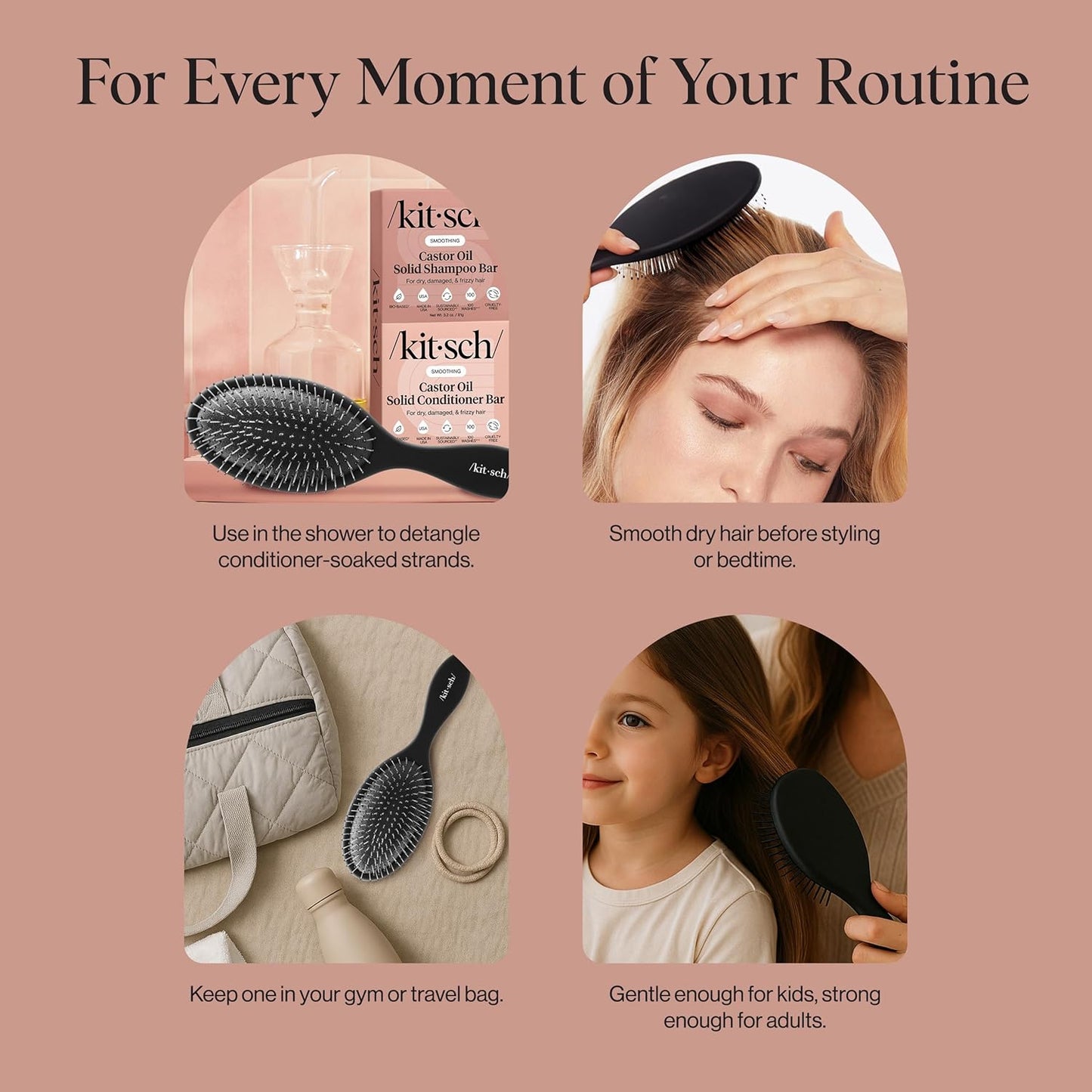 Kitsch Detangler Hair Brush for Wet and Dry Hair, Curly or Straight Hair, Detangling Brush with Flexible Hairbrush Bristles, Hair brushes for Women & Men, Adults & Kids, for Shower & Travel - Black