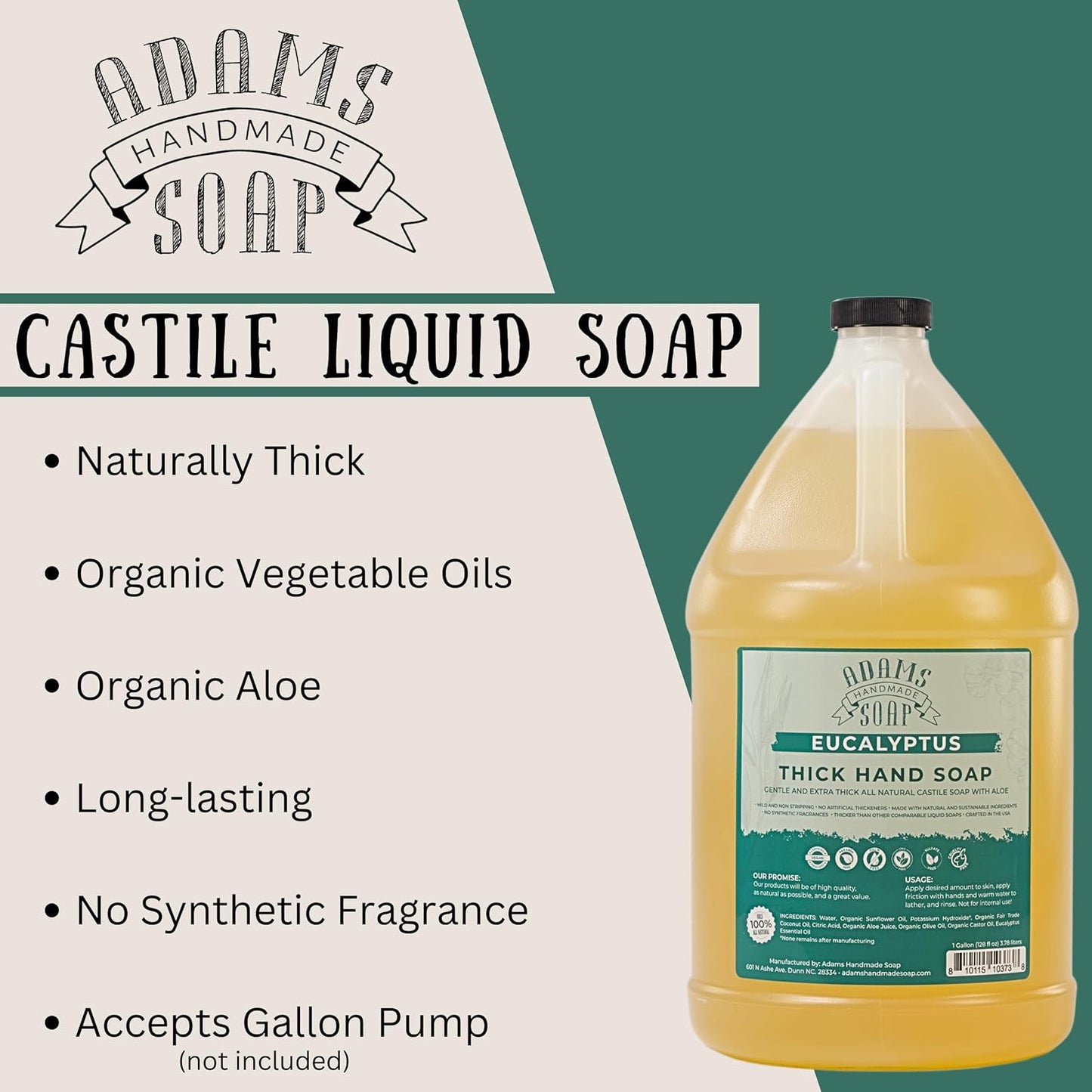 Adams Handmade Soap Thick Organic Castile Liquid Hand Soap 1 Gallon Refill - Eucalyptus (Pack of 4)