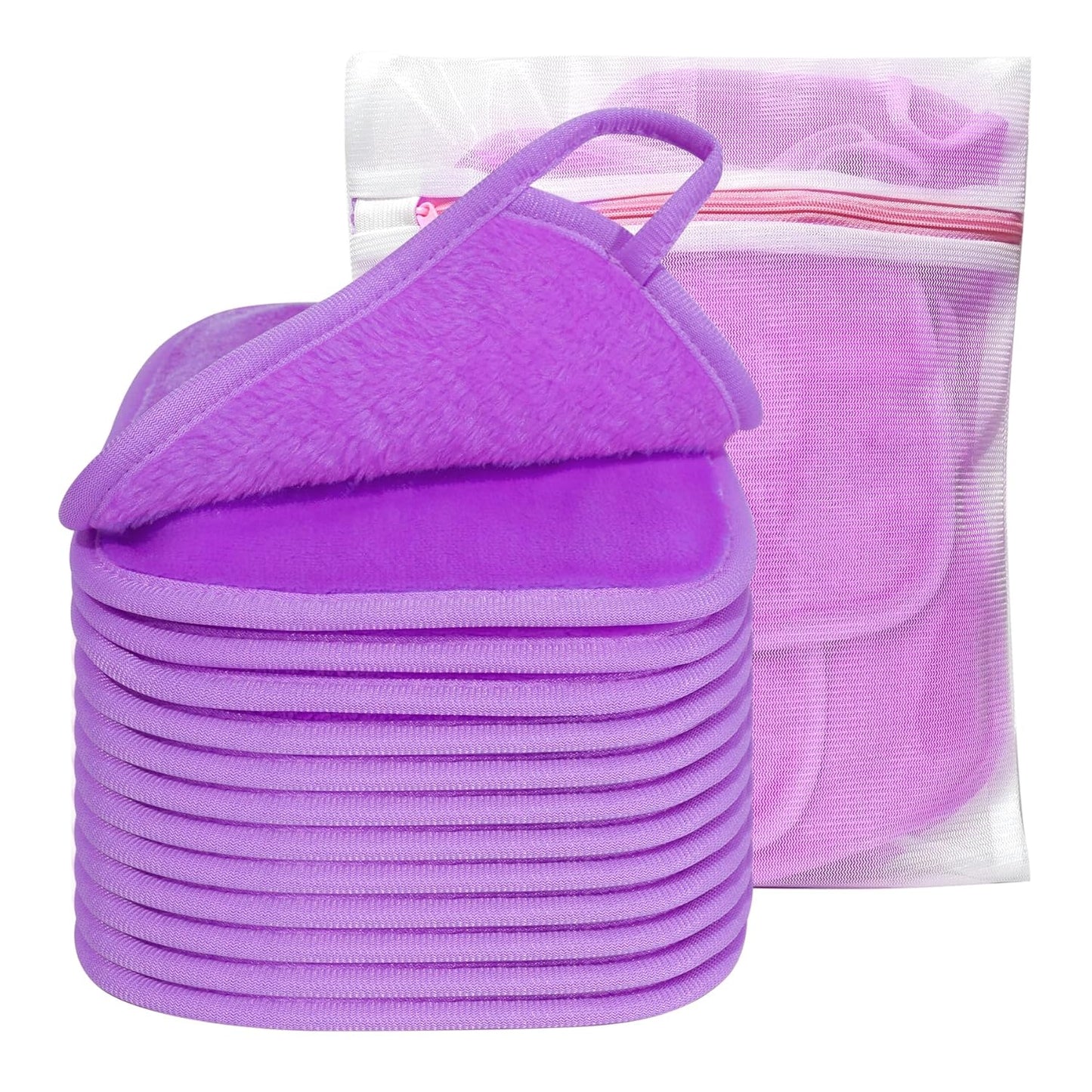 KODAMO Makeup Remover Cloth, Reusable Makeup Remover Pads Washable Travel Bag, Microfiber Makeup Removal Face Wash Cloths with Just Water, 12 Pack/Violet