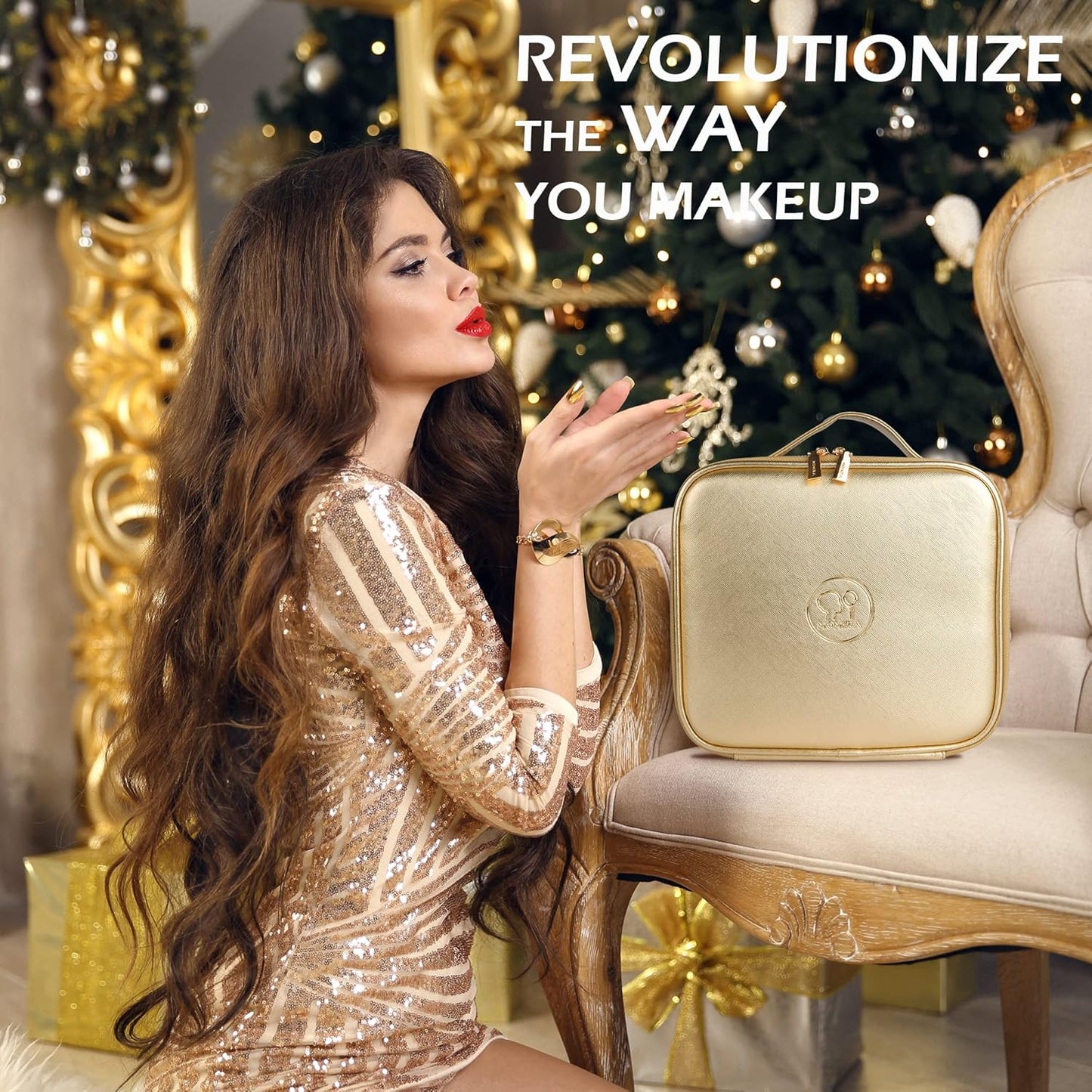 MOMIRA Travel Makeup Bag Cosmetic Bag Makeup Organizer Bag with Lighted Mirror, Adjustable Brightness in 3 Color Scenarios, Waterproof Makeup Train Case, Gift for Women - Golden