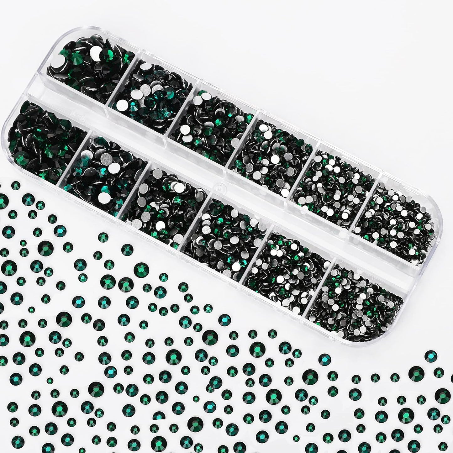 HUETFAT 2400pcs Flatback Rhinestones Gems Nail Diamonds-Glass Nail Crystals 6 Sizes (1.5-4.8 mm) Green Nail Art Rhinestones Kit with Tweezers and Wax Pencil Gems for Crafts/Tumblers/Face Eye Makeup