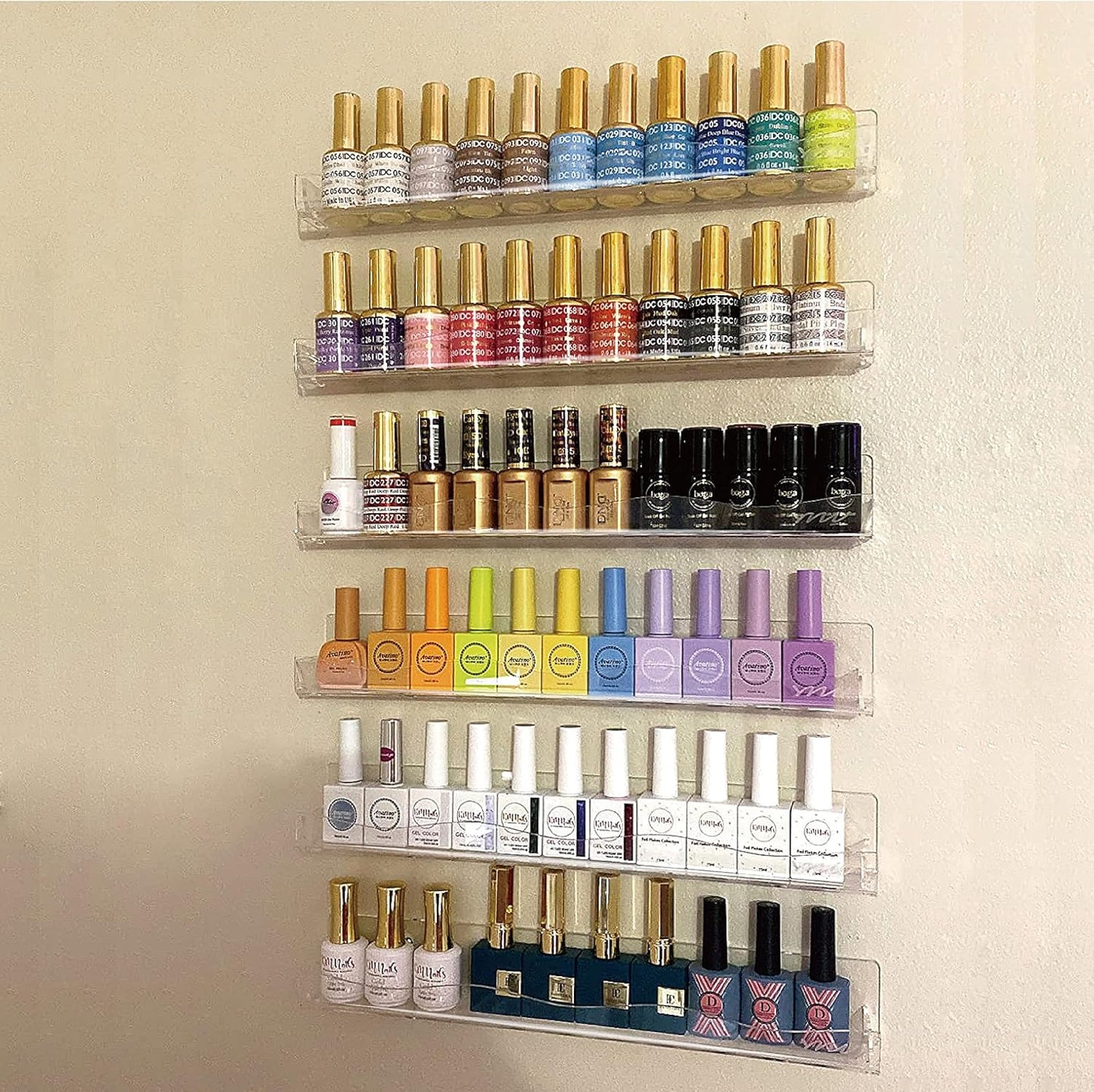 YMVV Clear Acrylic Nail Polish Rack Wall Mounted Shelf,6 Pack Organizer with Unique Wavy Lines,Nail Supplies for Techs,Great Display Salons Retailers