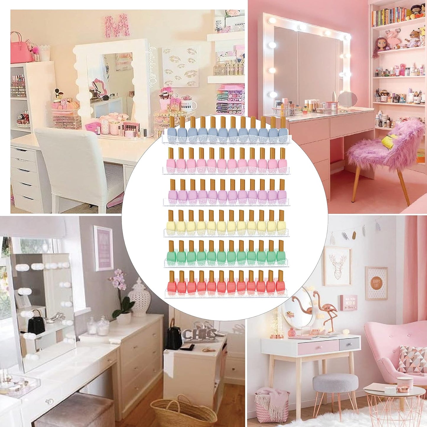 YMVV 15" Nail Polish Rack Wall Mounted Shelf with Iridescent Star Shaped Glitters Sequin Inside,Clear Acrylic Nail Polish Organizer for Nail Techs,Great Display for Salons Retailers(6 Pack)