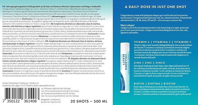 Swedish Nutra - Collagen Beauty | 10,000 mg Hydrolyzed Marine Collagen Liquid Supplement - 20 x 25 ml Daily Shots | Hyaluronic Acid and Vitamin C to Support Healthy Hair, Skin, Nails | Sugar-Free