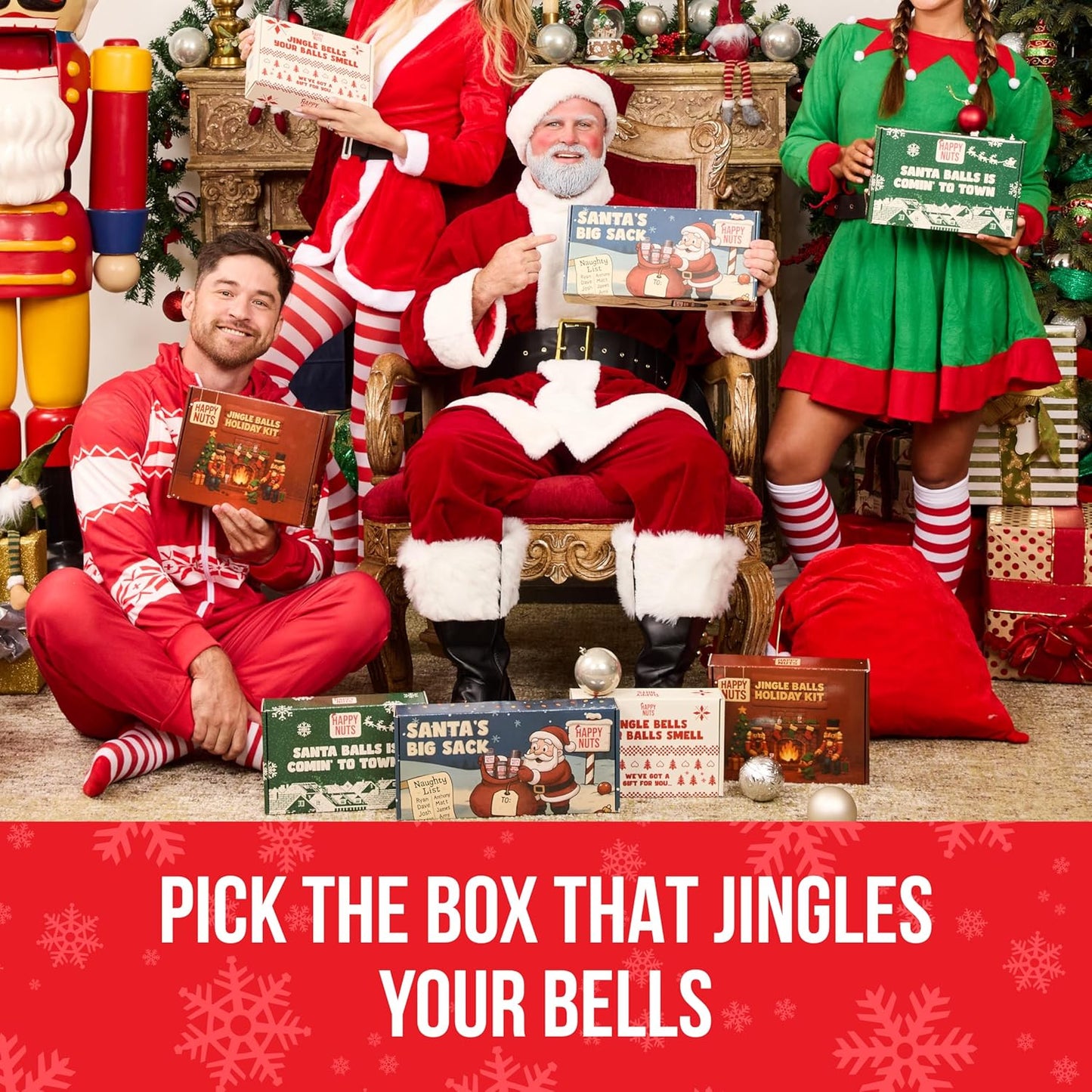 Happy Nuts Santa’s Big Sack - Funny Holiday Gift Box for Men - 4-in-1 Men's Care: Comfort Cream, Hydrating Body Wash, Whole Body Deodorant Stick, Anti-Chafing Powder - Hilarious Gift Basket for Him