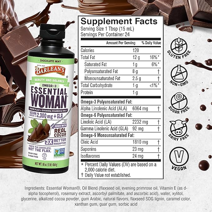 Barlean's Essential Woman Chocolate Mint Liquid Supplement from Flaxseed, Evening Primrose Oil & Soy Isoflavones, Omega 3 6 9 and GLA, Hormonal Balance & Healthy Hair and Skin, 16 oz