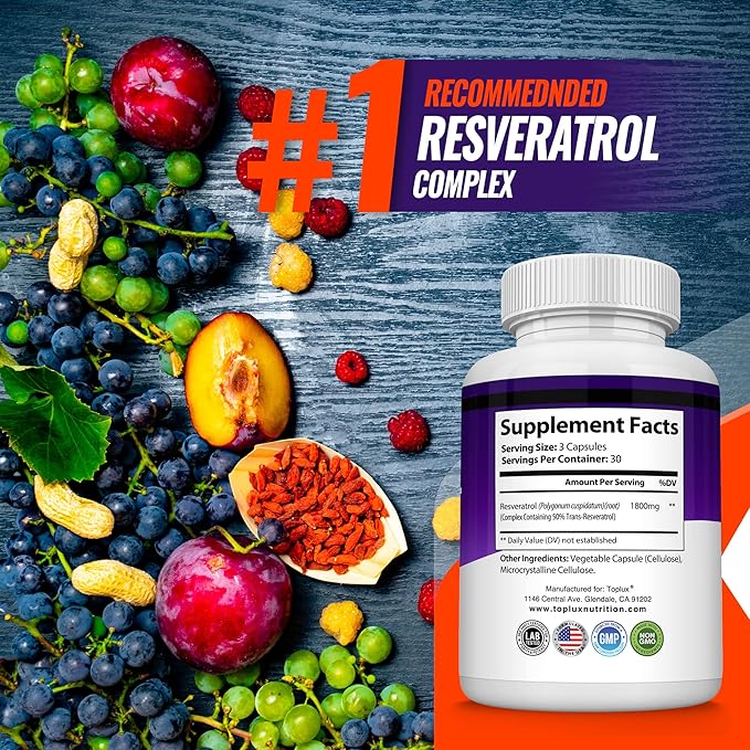 Resveratrol Supplement 1800 mg Antioxidant Complex - Highly Potent Natural Trans-Resveratrol Pills for Healthy Aging, Overall Health Support, Immune System, Brain Function, for Men Women, 90 Capsules