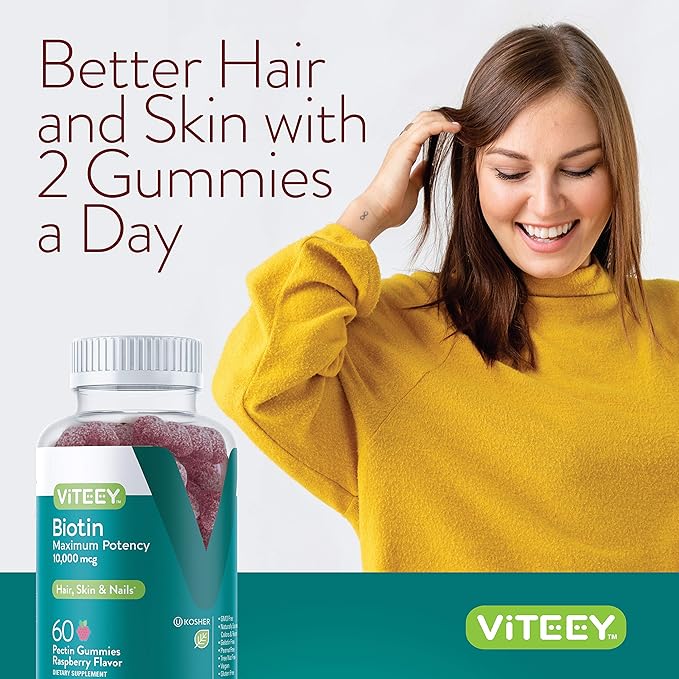 Biotin Gummies for Hair Skin Nails 10,000mcg - Hair Growth Gummies, Healthy Skin Glow, Strong Healthy Nail Growth - Vegan, Gluten Free, Gelatin Free, GMO Free - Tasty Chewable Raspberry Flavor