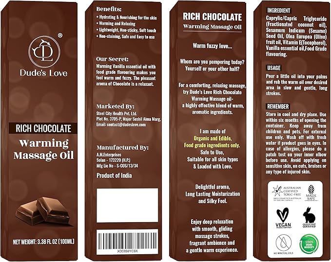 Dude's Love - Organic - Flavored Warming Body Massage Oil - Chocolate | No Stain - Non-Sticky | Nourish & Moisturize Skin | Aromatherapy Vegan Oil - 3.38 Fl Oz