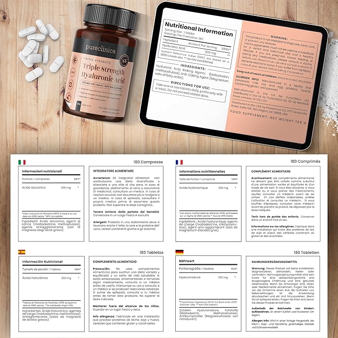 pureclinica Hyaluronic Acid 300mg x 360 Tablets (2 Bottles of 180-12 Months Supply). Triple Strength Hyaluronic Acid. 300% Stronger Than Any Other HLA Tablet.