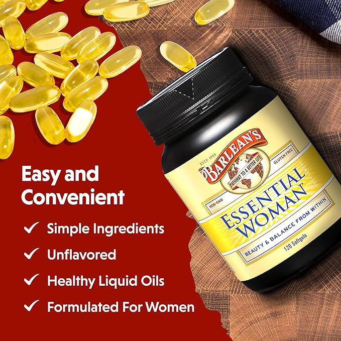 Barlean's Essential Woman Capsules, Hormonal Balance Supplement for Women, Flaxseed, Evening Primrose Oil & Soy Isoflavones, Omega 3 6 9 and GLA for Healthy Hair and Skin, 120 Count