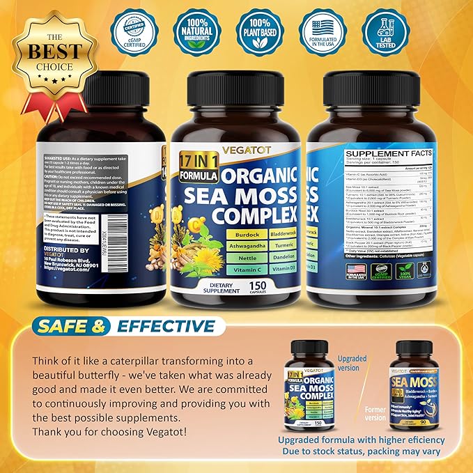 Organic Sea Moss 14,300mg with Bladderwrack, Burdock, Ashwagandha, and Turmeric - Immunity Booster for Healthy Aging, Skin & Joint Support- Made in The USA (150 Count (Pack of 1))