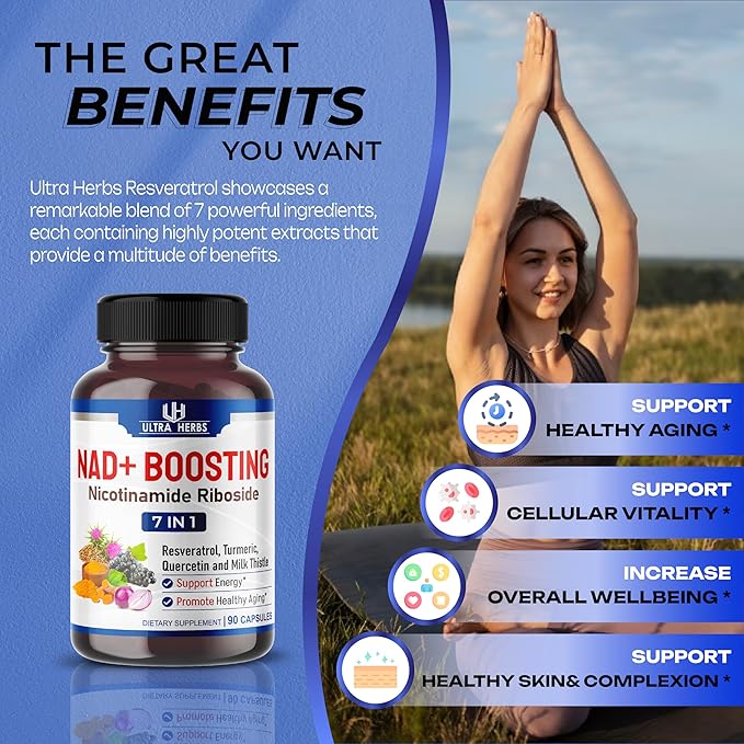 NAD+ Supplement 14,300mg with Nicotinamide Riboside NR, Trans Resveratrol, Quercetin - Support Cellular Energy, Longevity, Healthy Aging *USA made & tested* (90 Count (Pack of 1))