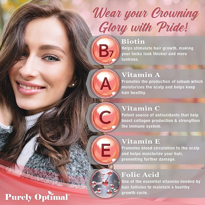 Purely Optimal Premium Hair Vitamins Supplement-Gummy Vitamins w/Biotin, Folic Acid, Vitamins A&D-Supports Faster Hair Growth & Promotes Healthy Hair, Skin, & Nails-60 Non-GMO Berry Flavored Gummies