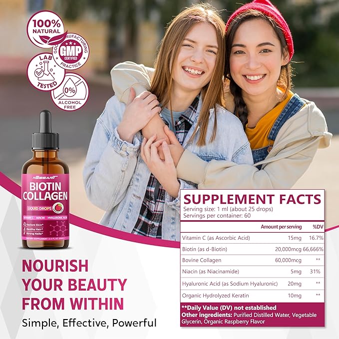 Biotin Collagen Liquid Drops 80,000mcg - Vitamin C, Niacin, Hyaluronic Acid - Radiant Skin, Healthy Hair, Strong Nails - Raspberry Flavor - Made in USA - 2.0 fl oz (60ml)