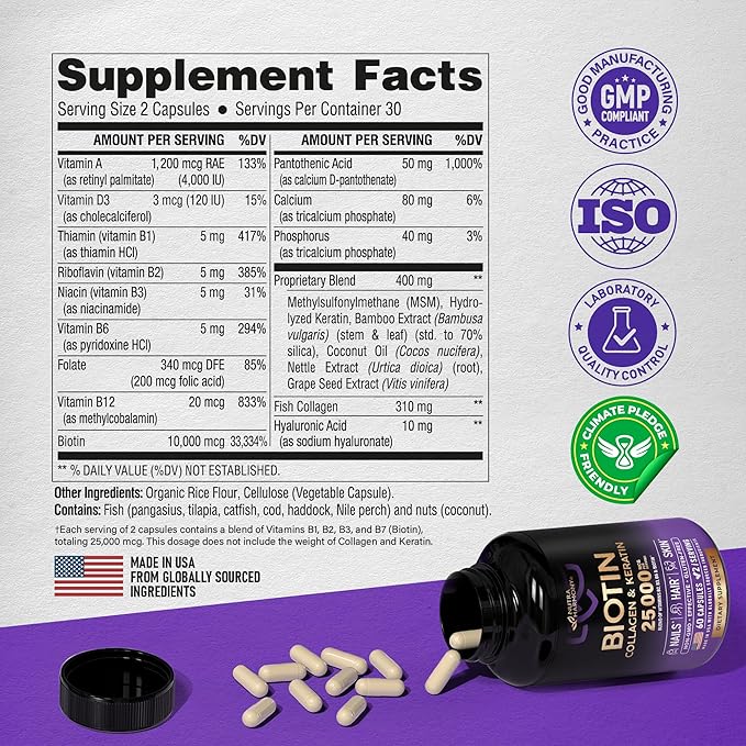 Biotin | Collagen | Keratin | 25000 mcg B1 | B2 | B3 | B6 | B7 - 60 Capsules