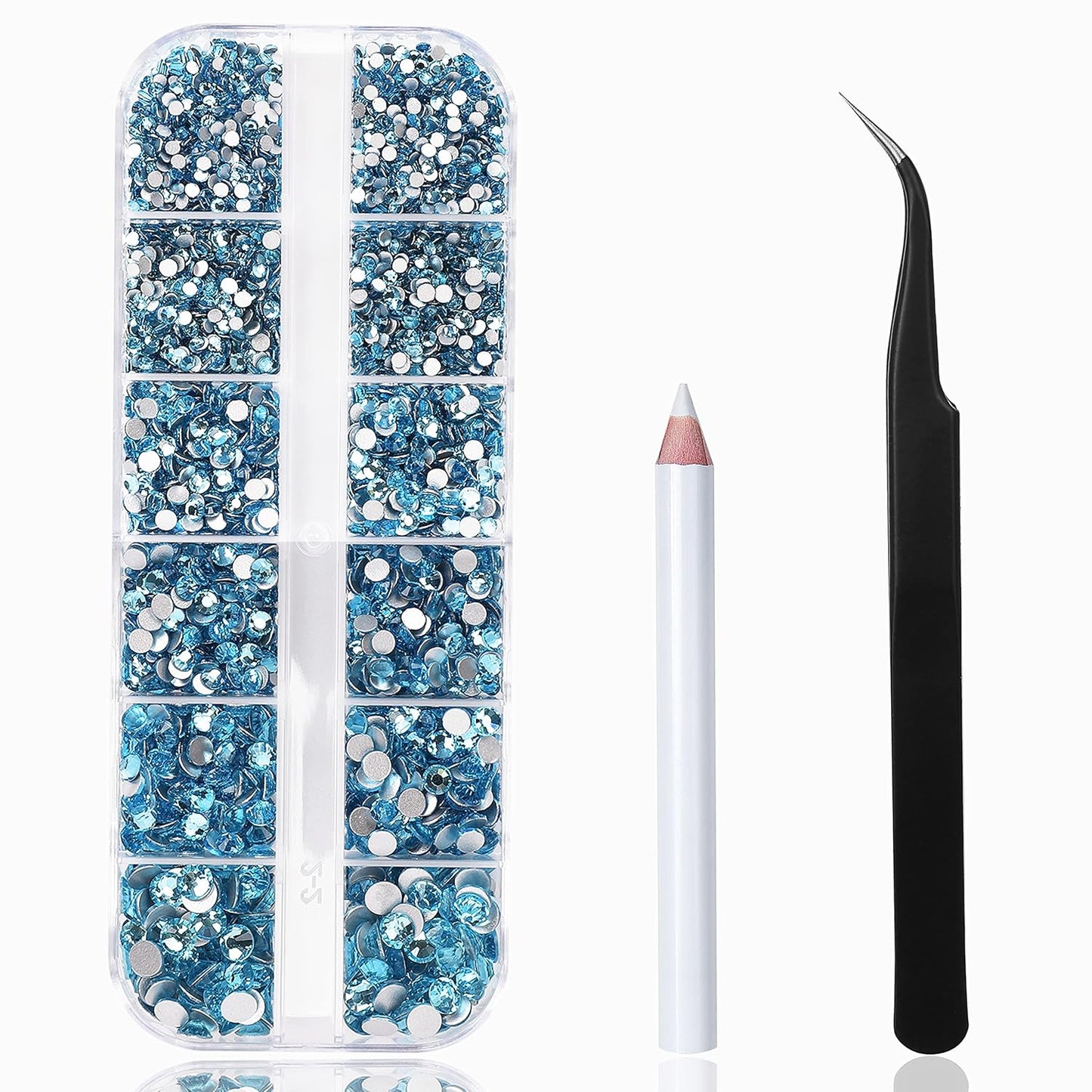 2400 Pcs Flatback Gems Rhinestones Round Crystal Nail Gems 6 Sizes (1.5-4.8 mm) Nail Jewels Glass Diamonds Stones Kit with Tweezers and Picking Pen, for Nail Art DIY Craft Eye Makeup (Aquamarine)