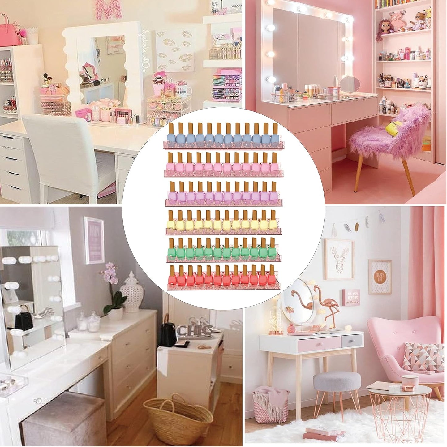 YMVV 15" Acrylic Nail Polish Organizer - Wall Mounted Shelf with Iridescent Glitters Sequin Inside - Great Display for Salons & Retailers (6 Pack)