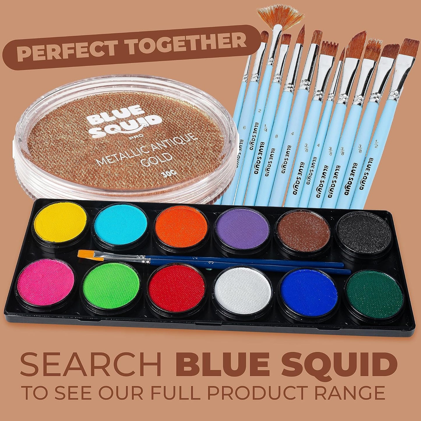 Blue Squid Face Paint Water Based Single Cake Professional Face Paint & Body Paint - Water Activated, Kids Adults Face Painting for Costume, Halloween Makeup - Metallic Antique Gold Face Paint 30g