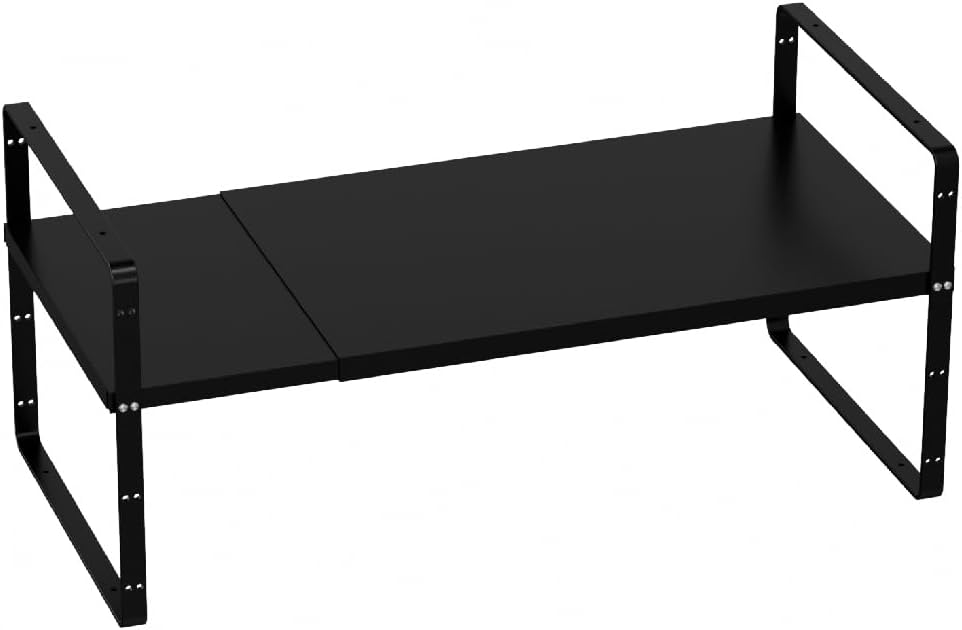 Slideep Expandable Shelf Rack Counter Organizer Shelf 16.54'' to 27.17'', Stackable Cabinet Shelves Organizer Storage Rack Cupboard Stand Spice Rack for Kitchen Bathroom Pantry -Black