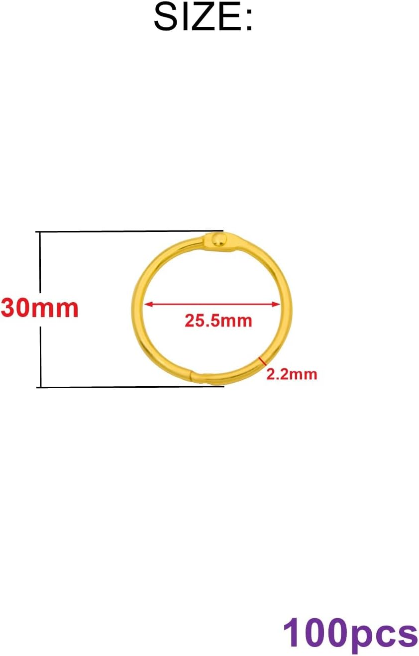 Loose Leaf Binder Rings Inner Dia: 1 inch(25.5mm) 100pcs Metal Golden Book Binder Rings Paper Rings Clips Key Rings Index Cards Rings Great for Home School Office