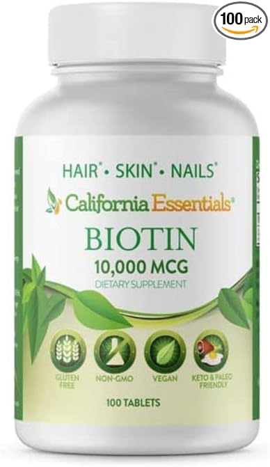 California Essentials Biotin 10000mcg | Vitamin B7 Promotes Healthy Skin, Hair & Nail Growth | High Potency Dietary Supplement for Men & Women | Non-GMO, Vegan, Gluten & Dairy Free (100 Tablets)