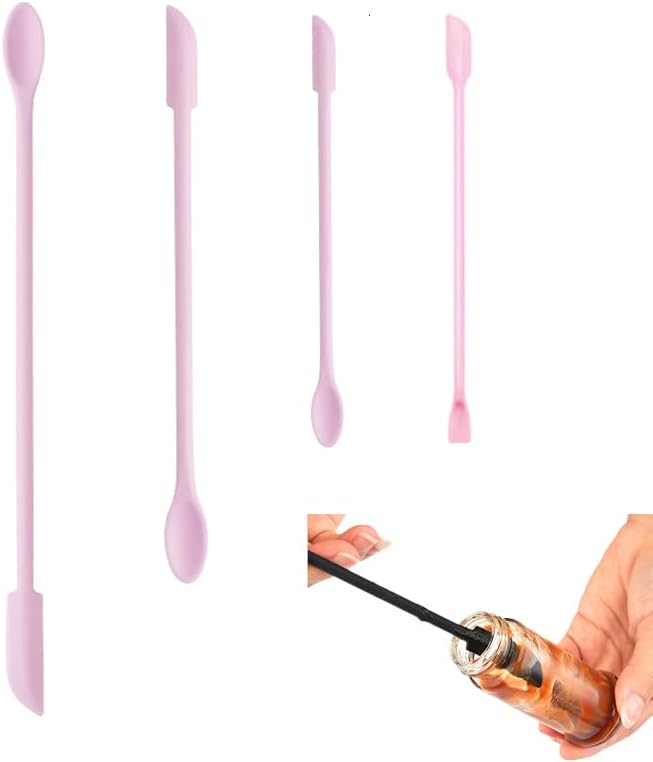 4pcs Mini Spatulas Makeup Scraper, Silicone Small Spatula for Cosmetics, Reusable Long Thin Jar Scooper for Getting Last Drop Lotion Out, Bottle Cream Stirrer for Kitchen Food Beauty, Pink